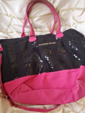 Victoria's Secret Black and Hot Pink Sequin Tote